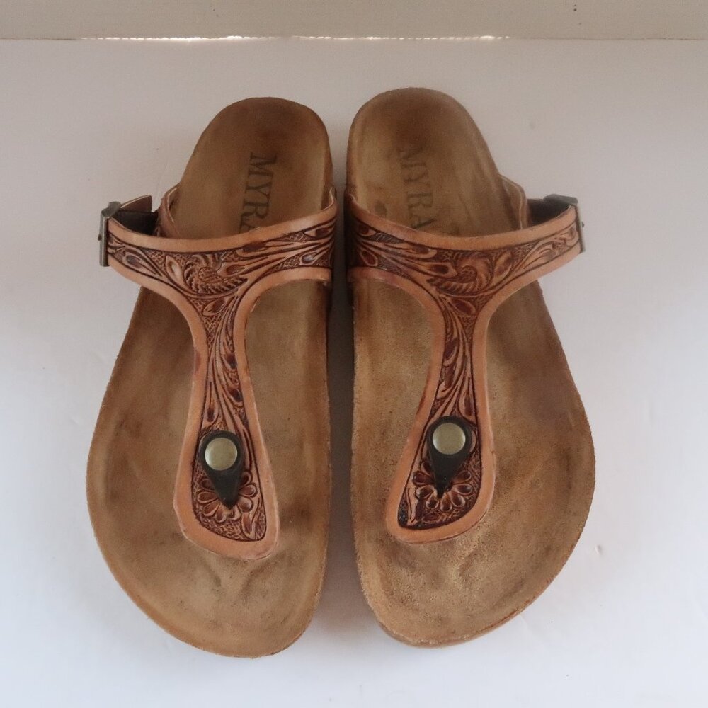 Grashius Western Hand-Tooled Comfy Thong Sandals Sz 7 Color  Color Brown